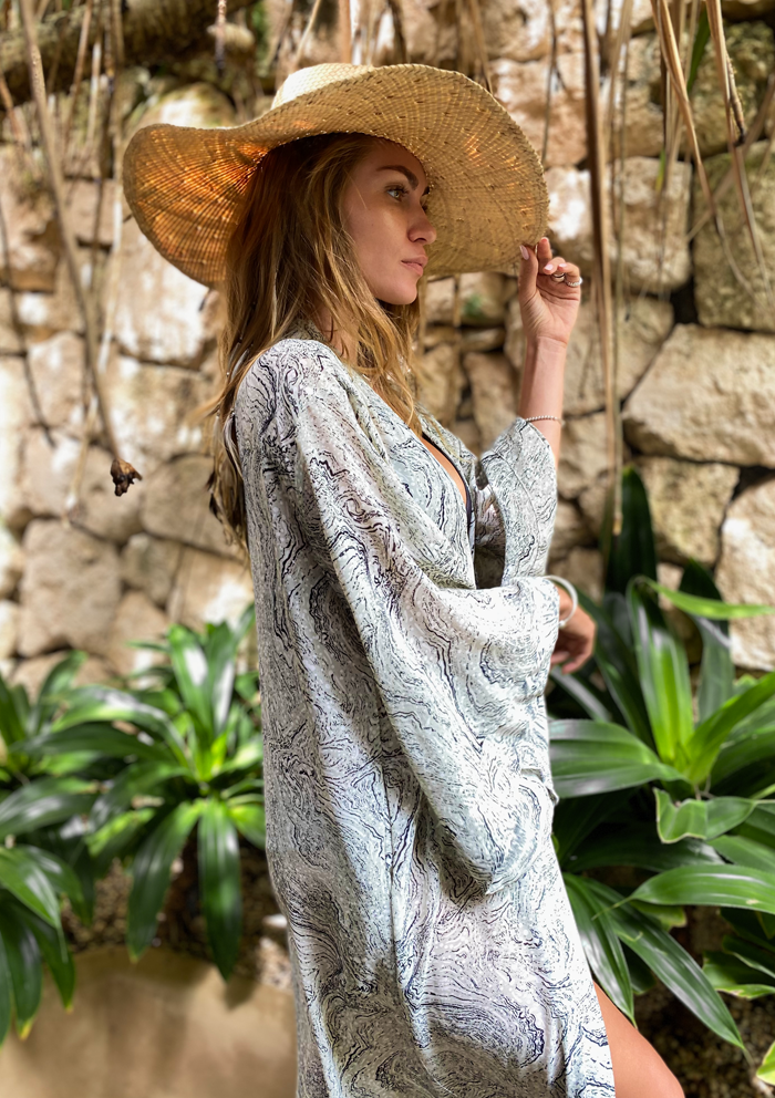 Langer Chiffon Kimono im Marmor Look